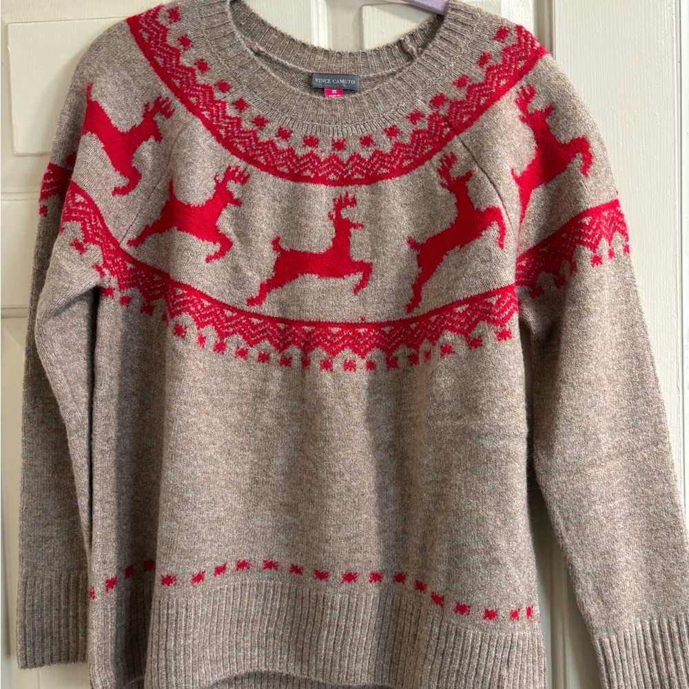 Vince Camuto Red and Tan Reindeer Sweater